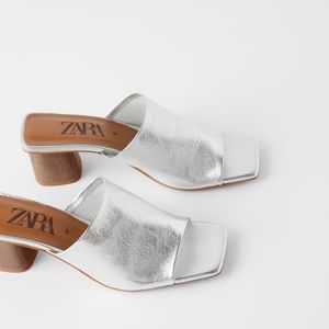 Zara Women's High Heeled Metallic Leather Mules